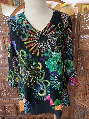 Calessa Black Multicolor Floral Paisley V-Neck Tunic Top